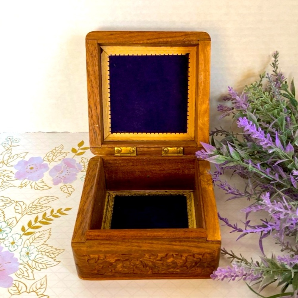 Wooden Jewelry Box with Purple Velvet Lining